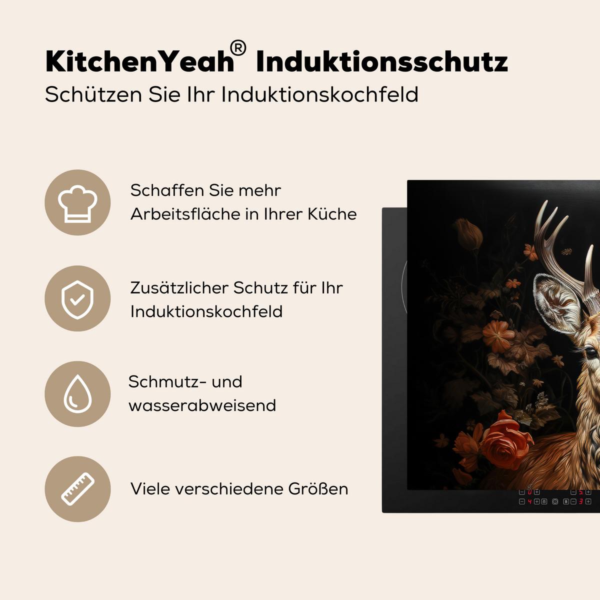 HERDABDECKPLATTE Hirsch - Tier - Blumen - Natur - Botanisch Induktionsmatte 71x52 cm - Kupferfarben, Kunststoff (71/52/0.2cm) - MuchoWow