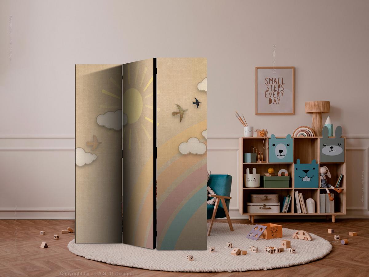 PARAVENT Akustik 3-tlg 135x172 cm Regenbogen Sonne Boho - Beige, Holz/Textil (135/172/3cm) - Muralo