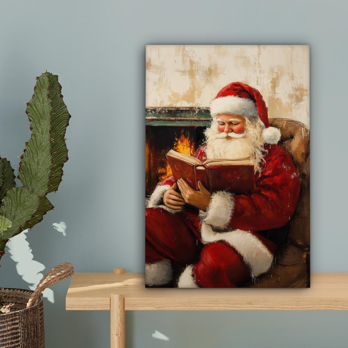 LEINWANDBILD Weihnachten - Weihnachtsmann - Winter - Open Fireside Deko Wohnzimmer 20x30 cm - Dunkelrot, Textil (20/30cm) - MuchoWow