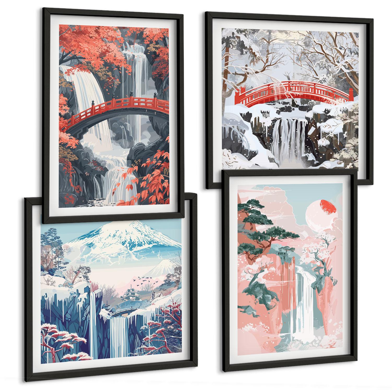 BILDER SET 4er Set - 50x50 cm & 40x60 cm Schwarzer Rahmen - Wasserfälle, Brücken, Bäume, Jahreszeiten - Schwarz, Kunststoff (50/50cm) - TULUP