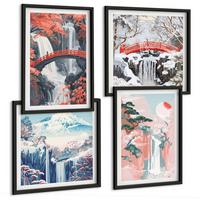 BILDER SET 4er Set - 50x50 cm & 40x60 cm Schwarzer Rahmen - Wasserfälle, Brücken, Bäume, Jahreszeiten - Schwarz, Kunststoff (50/50cm) - TULUP