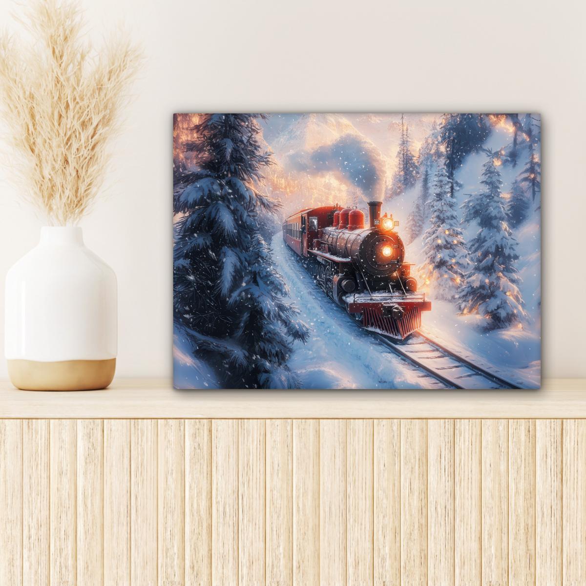 LEINWANDBILD Weihnachtszug - Schnee - Winter - Weihnachten Wandbild 40x30 cm - Dunkelrot, Textil (40/30cm) - MuchoWow