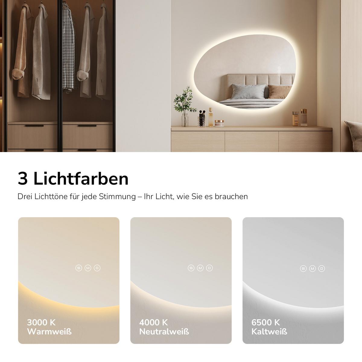 BADSPIEGEL asymmetrisch mit LED-Beleuchtung, Antibeschlag, 75/55 cm - Transparent, Glas (55/75/2.5cm) - EMKE