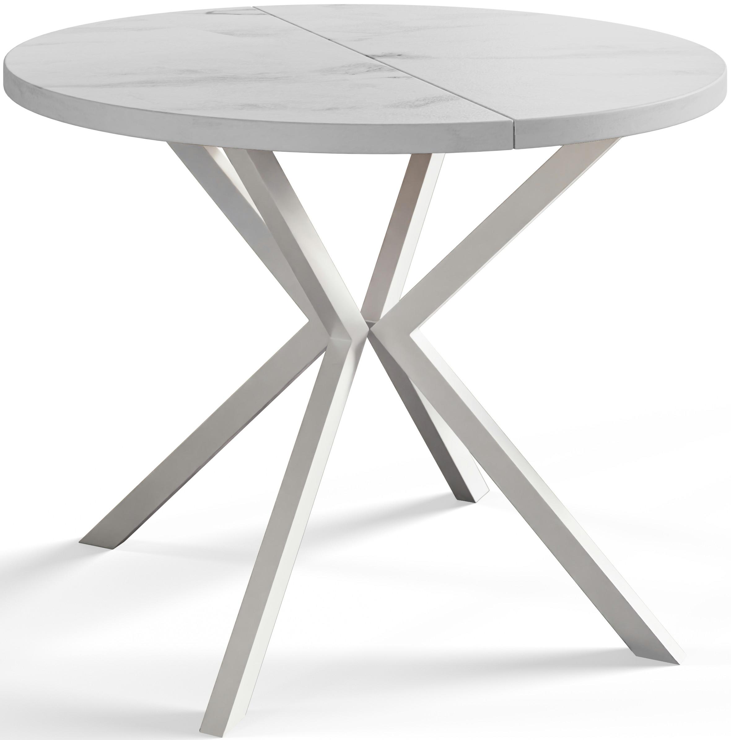 RUNDER Esszimmertisch LOFT LITEN, ausziehbarer Tisch Durchmesser: 120 cm/200 cm, Wohnzimmertisch Farbe: Marmur, mit Metallbeinen in Farbe Weiß - Hellgrau/Weiß, Holzwerkstoff (120/120/76cm) - Alpi-Möbel