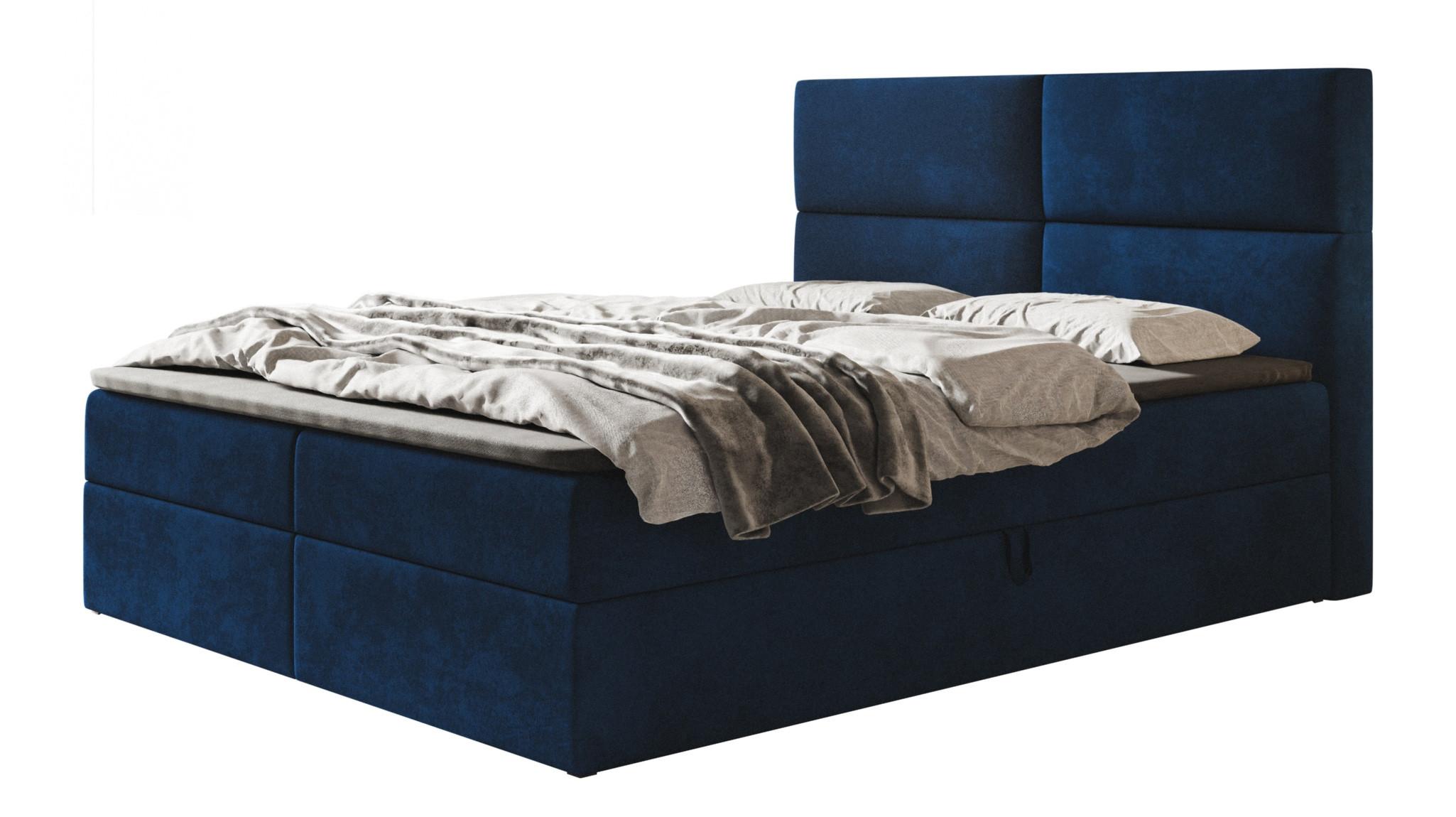 BOXBETT LIZBONA mit 2 Bettkästen, 140x200, Farbe: Dunkelblau, Velourstoff, Doppelbett mit Bonell-Matratze - Dunkelblau, Holz/Kunststoff (140/200cm) - Alpi-Möbel