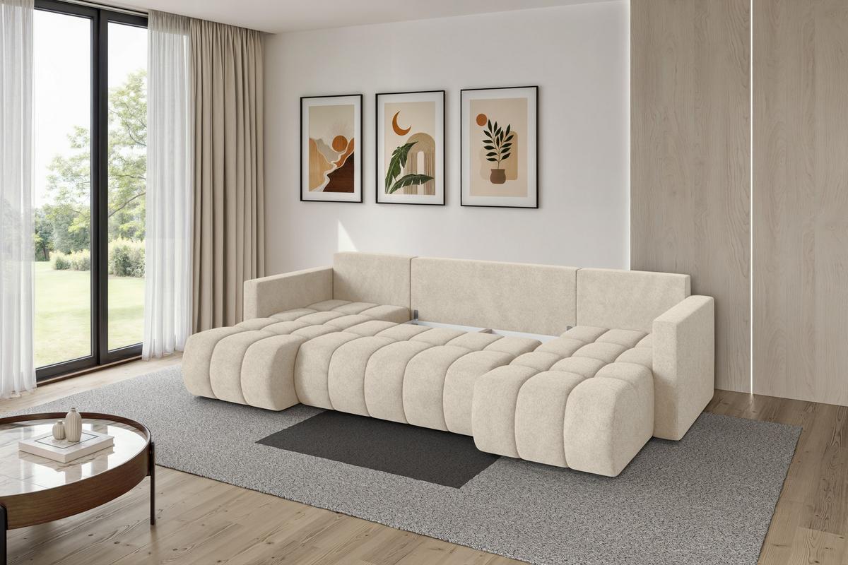 WOHNLANDSCHAFT mit Schlaffunktion und Bettkasten GARD-U 300x146x85 Creme Velours - Creme/Schwarz, Holzwerkstoff/Kunststoff (300/85/146cm) - ALTDECOR