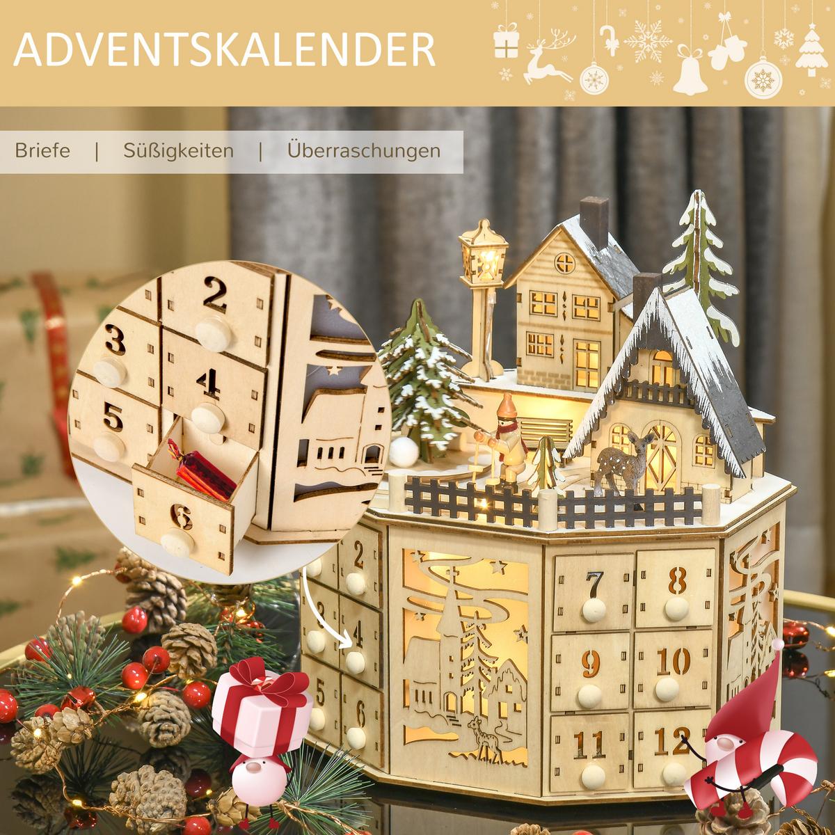 ADVENTSKALENDER Adventskalenderbox mit LED-Lichtern 24 Schubladen Natur - Naturfarben, Holz (20/29/25cm) - HOMCOM
