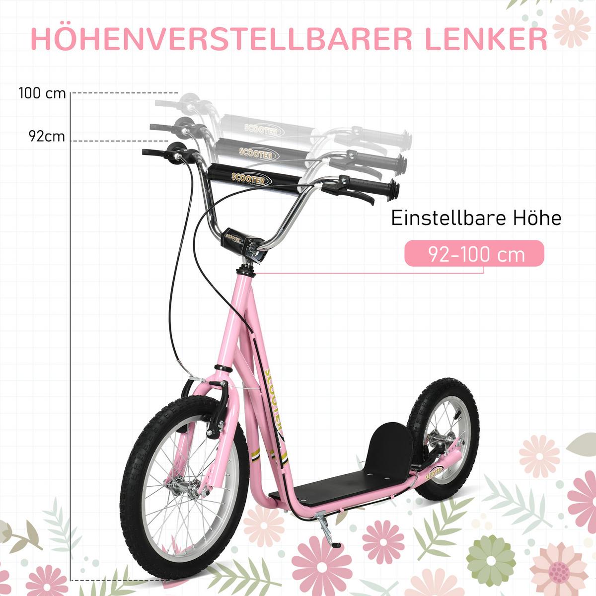 KINDER Tretroller mit Bremsen Scooter 16/12 Zoll Cityroller verstellbar Rosa - Rosa, Metall (135/58/100cm) - HOMCOM