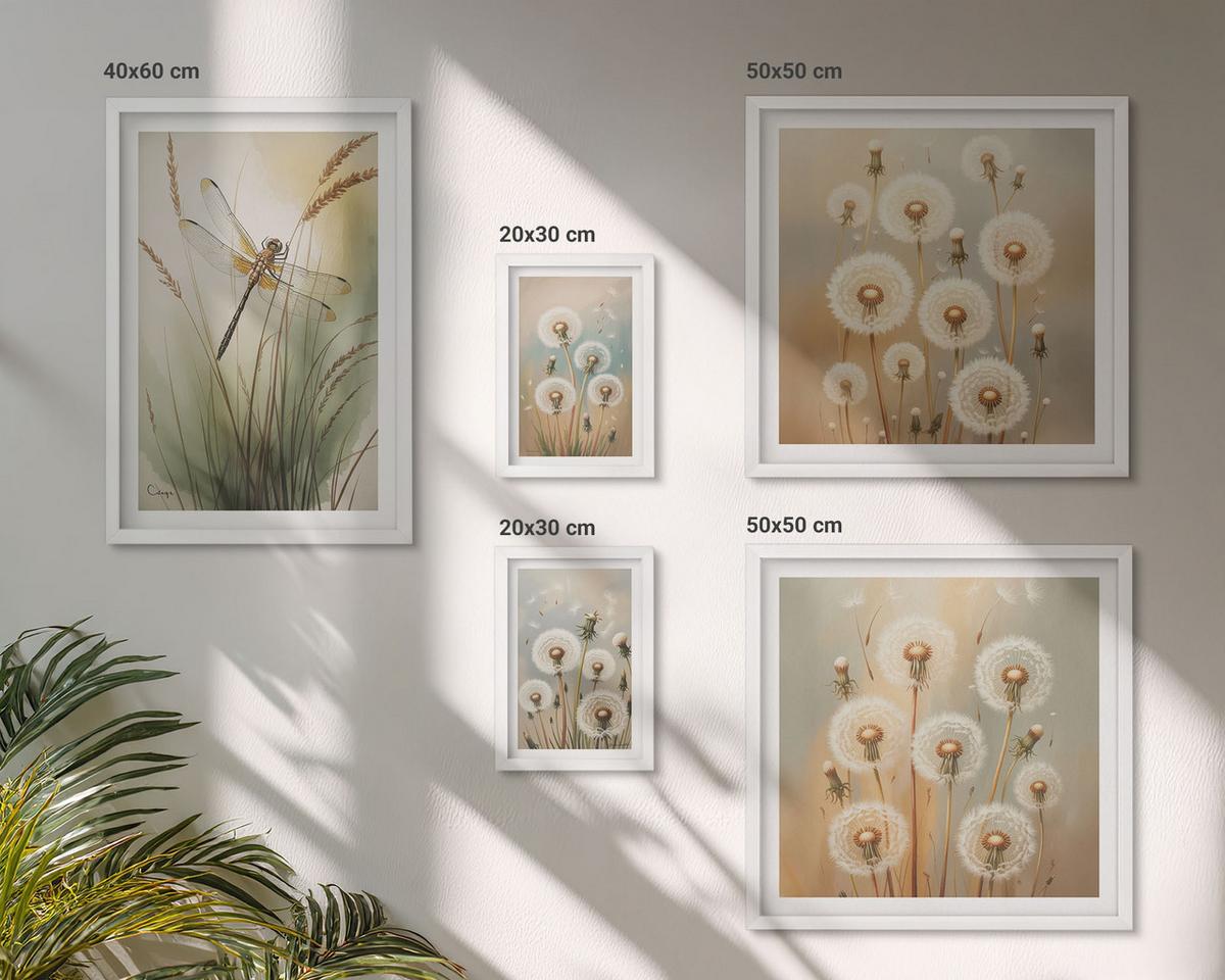 BILDER SET 5er Set - 50x50 cm & 20x30 cm & 40x60 cm Weißer Rahmen - Weiße Löwenzahnblüten auf hellem Hintergrund - Weiß, Kunststoff (40/60cm) - TULUP