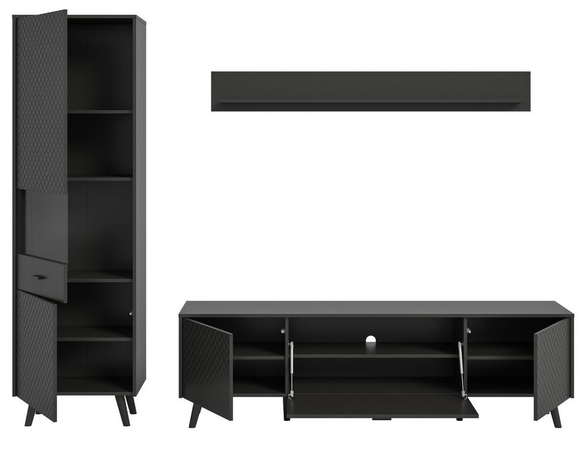 WOHNWAND grau matt 3-teilig 258 cm, Schrankwand mit Struktur - Schwarz/Grau, Glas/Holzwerkstoff (258/195/40cm) - Inn.Furn