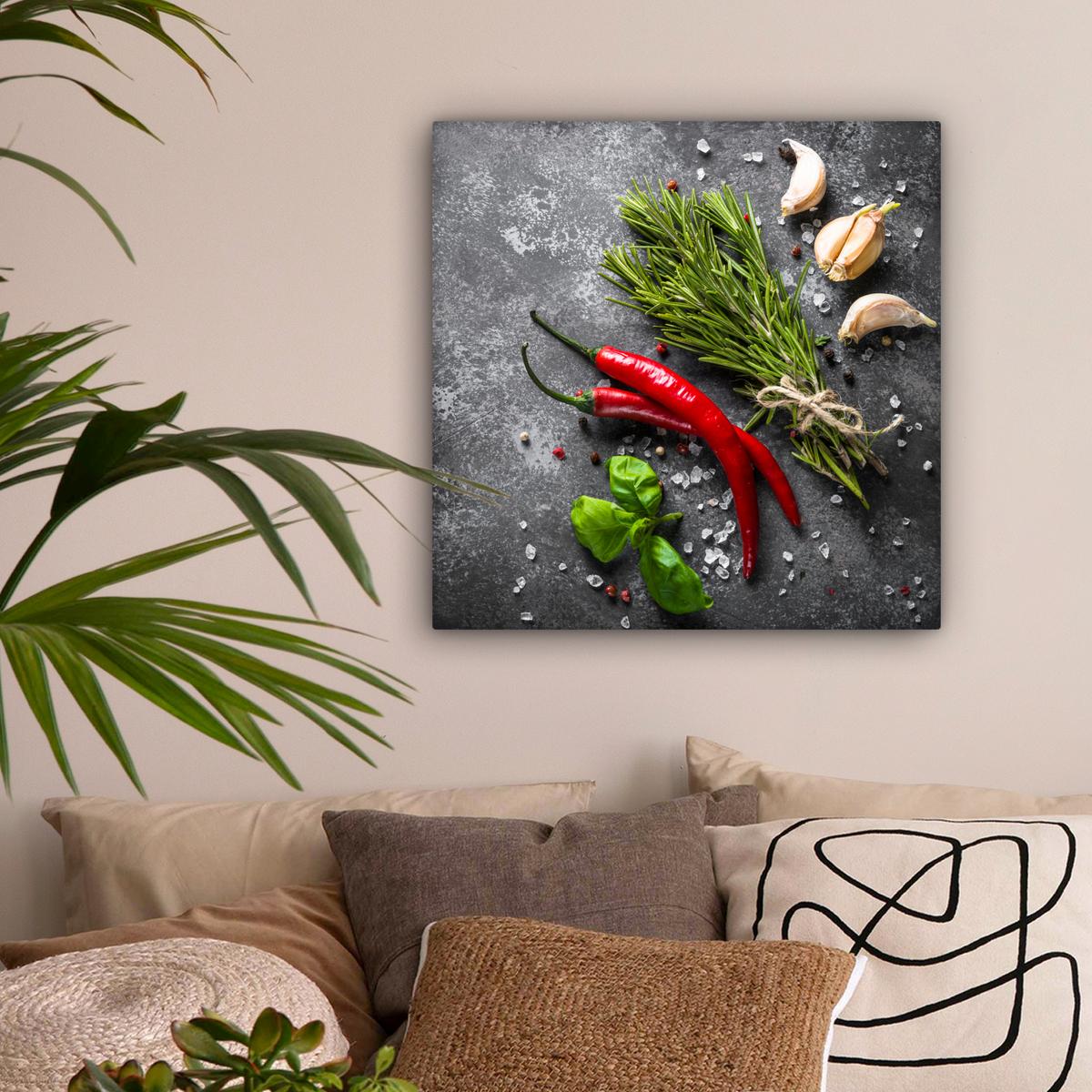 LEINWANDBILD Pfeffer - Kräuter - Gewürze - Beton Wandbild Wohnzimmer 50x50 cm - Dunkelgrau, Textil (50/50cm) - MuchoWow