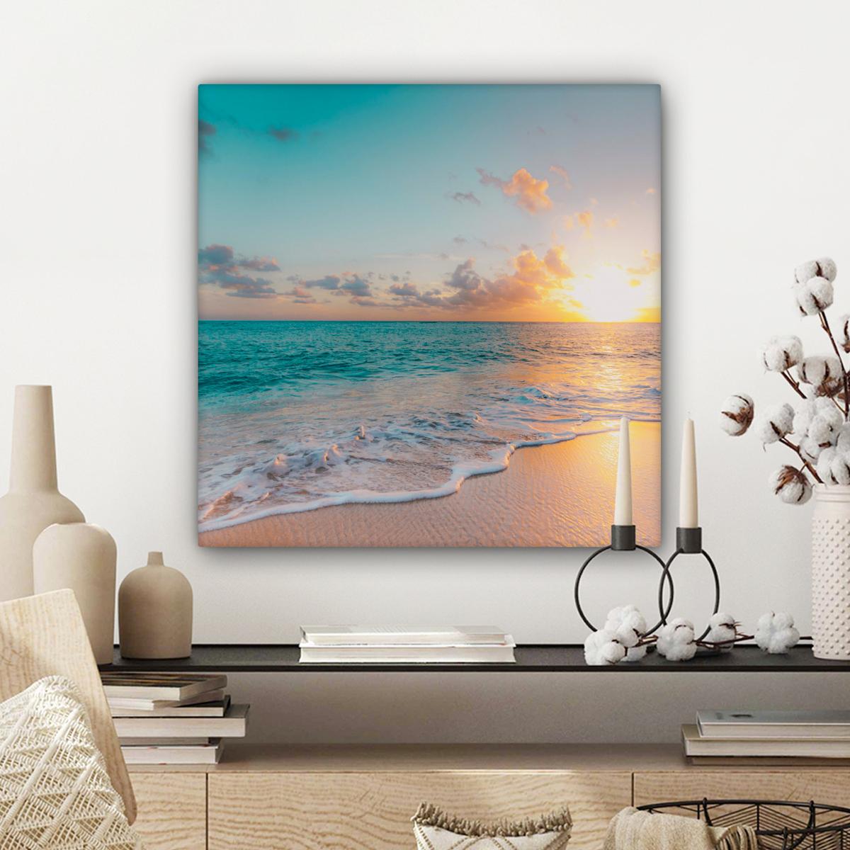 LEINWANDBILD Sonnenuntergang - Strand - Meer - Sommer - Blau Wandbild Wohnzimmer 50x50 cm - Multicolor, Textil (50/50cm) - MuchoWow