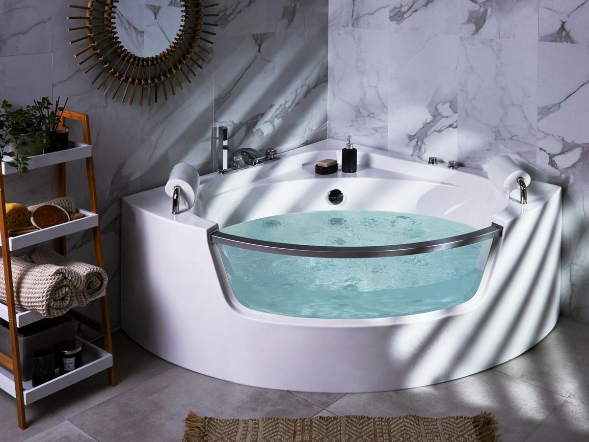 WHIRLPOOL BADEWANNE mit LED 136x187x63 cm weiß Mangle - Weiß, Kunststoff (136/63/187cm) - Beliani