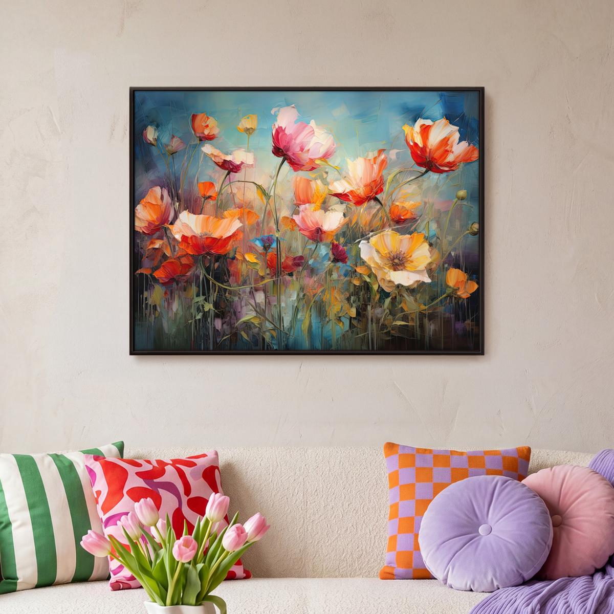LEINWAND Bilder mit Rahmen - Blumen - Aquarell - Kunst - Botanisch - Natur - 80x60 - Orange, Textil (80/60cm) - MuchoWow