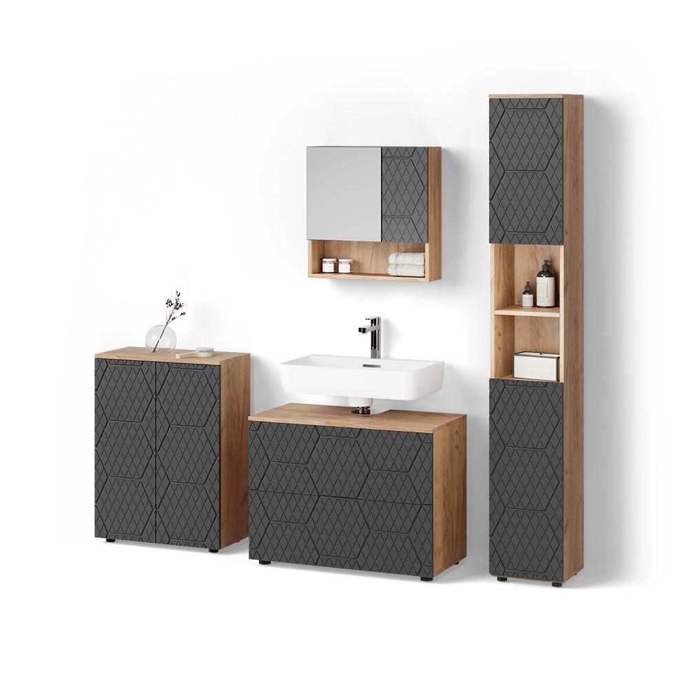 BADMÖBEL-SET Ronco Anthrazit mit Wabenstruktur 4 Teile, mit Schubladenschrank und Midischrank - Anthrazit, Holzwerkstoff (80/58/41cm) - Livinity®