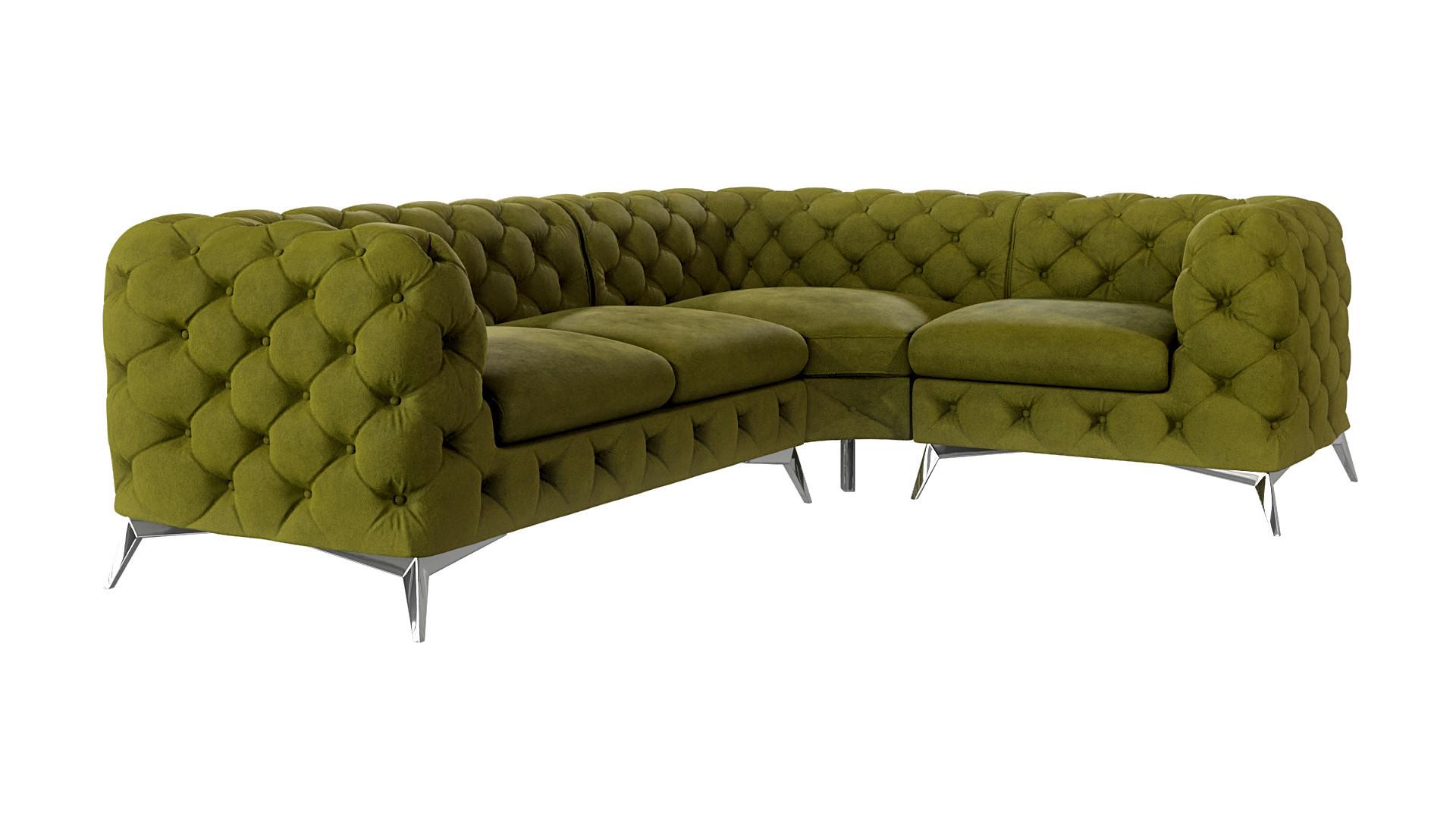 ECKSOFA Chesterfield Laura Olive Samt, Ottomane rechts - Silberfarben/Olivgrün, Holz/Textil (264/204cm) - S-Style Möbel