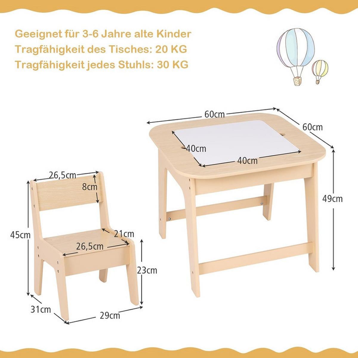 KINDERTISCH mit 2 Stühlen natur (3-tlg) - Naturfarben, Holzwerkstoff (60/49/60cm) - COSTWAY