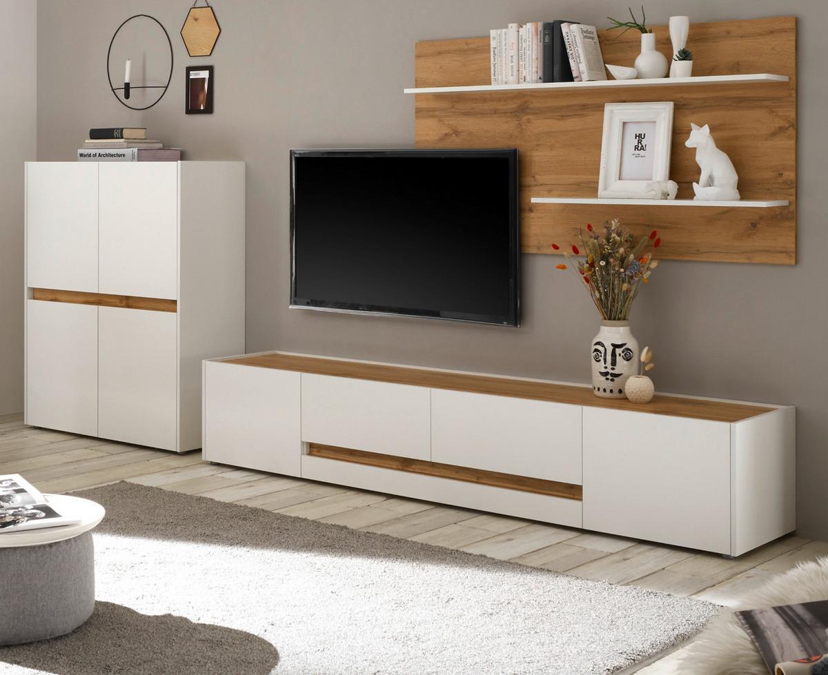 WOHNWAND weiß, Eiche Wotan 3-teilig 343 cm, Schrankwand mit viel Stauraum - Eiche Wotan/Schwarz, Holz/Holzwerkstoff (360/180/45cm) - Furn.Design
