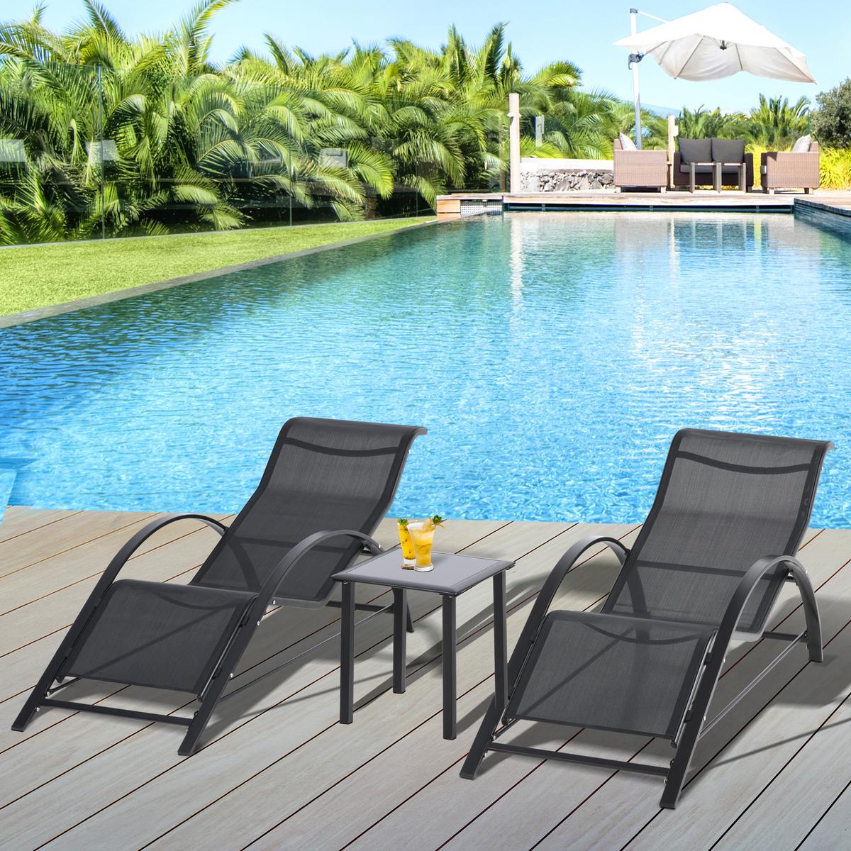 GARTENLIEGE mit Tisch, 59L x 169B x 66H cm, Metall, Mesh, Schwarz - Schwarz, Kunststoff (169/66/59cm) - Outsunny