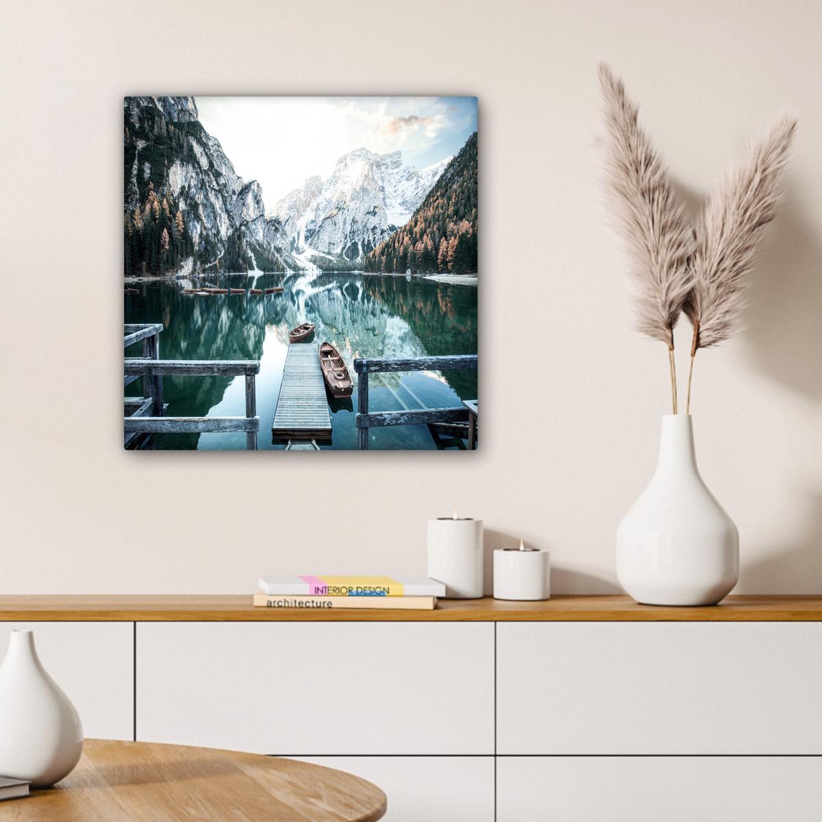 LEINWANDBILD Natur - Berge - Schnee - Wald - Boot Wandbild Wohnzimmer 50x50 cm - Hellgrün, Textil (50/50cm) - MuchoWow