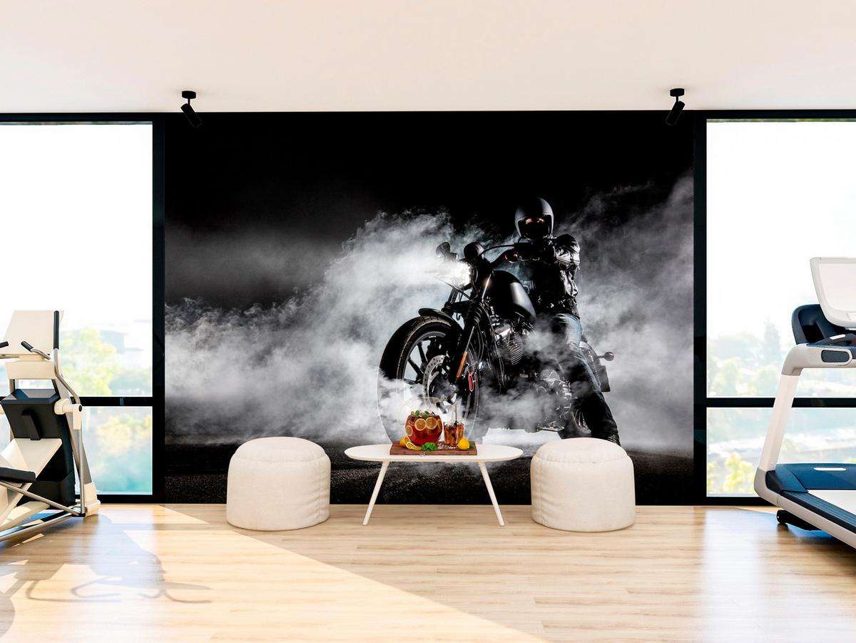 FOTOTAPETE für Jugendzimmer Motorrad Nebel Mann Straße Rauch Sport Action 350x256 - Schwarz/Weiß, Papier (350/256cm) - Muralo