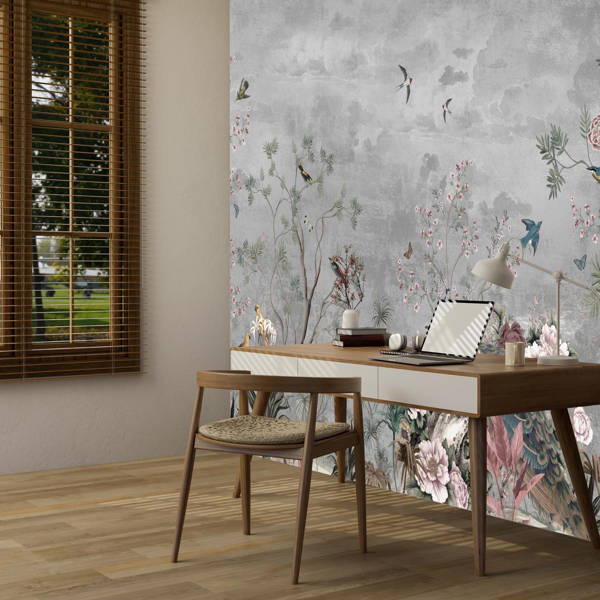 FOTOTAPETE für Büro Pfauen Vögel Pflanzen Bäume Tropische Blumen 300x210 - Multicolor, Papier (300/210cm) - Muralo