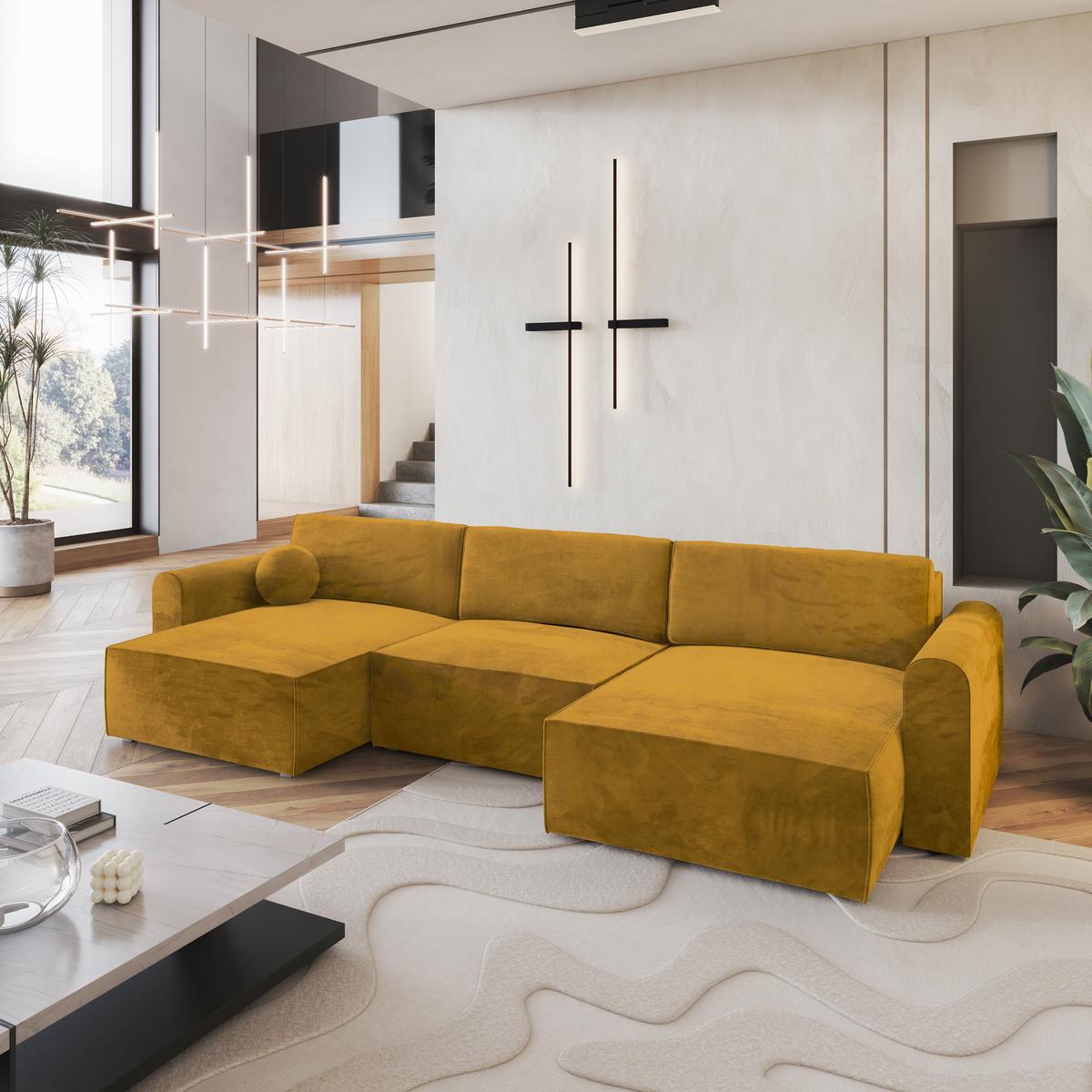 WOHNLANDSCHAFT FENTO M Gelb Velours-Stoff mit Schlaffunktion - Gelb/Grau, Holz/Kunststoff (347/90/148cm) - MASSENO