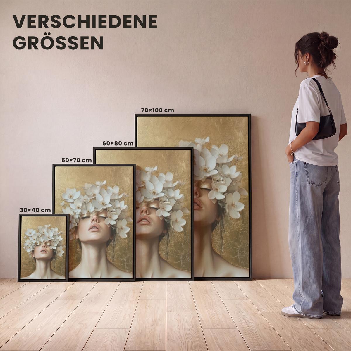 LEINWAND Bilder mit Rahmen - Gesicht - Blumen - Gold - Abstrakt - 50x70 - Goldfarben, Textil (50/70cm) - MuchoWow