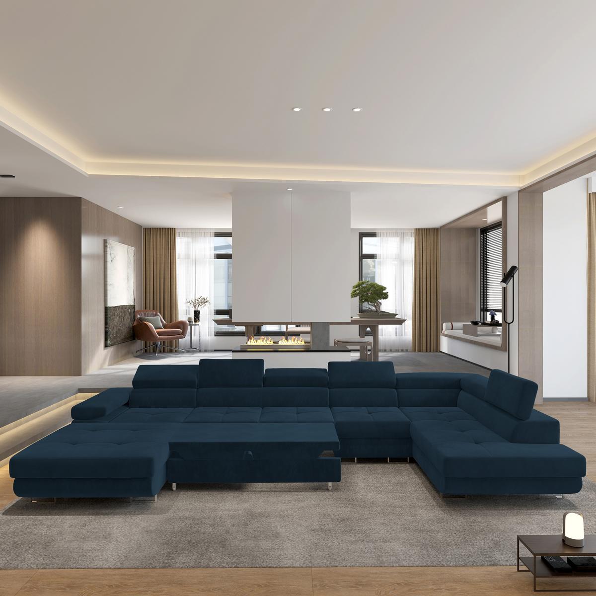 WOHNLANDSCHAFT VELORA R-S Blau Velours-Stoff mit Schlaffunktion - Blau, Holz (419/90/202cm) - MASSENO