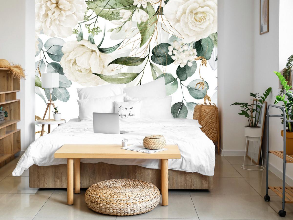 FOTOTAPETE für Schlafzimmer Aquarell Weiße Blumen Pfingstrosen Blätter Natur 350x256 - Creme/Weiß, Papier (350/256cm) - Muralo