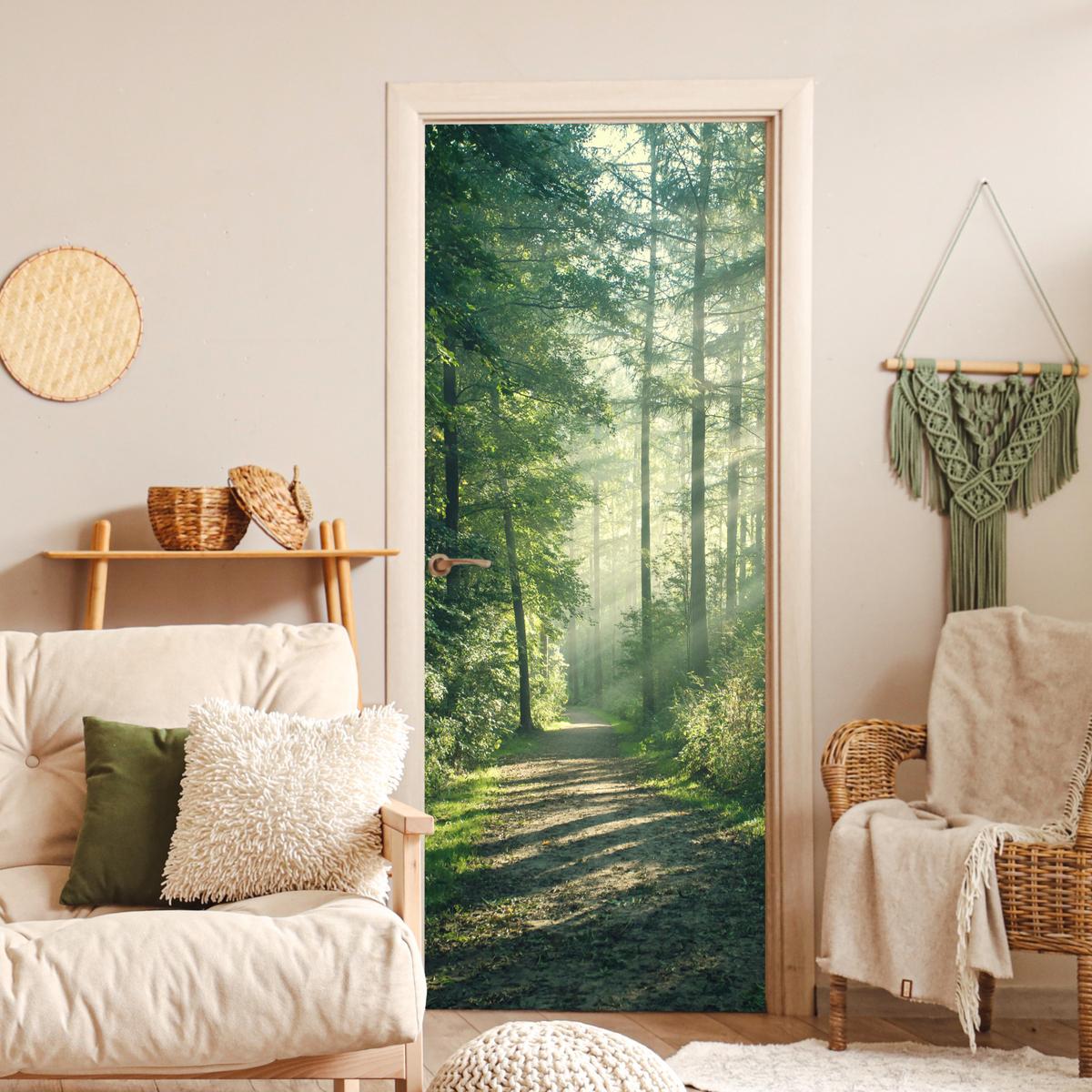 TÜRAUFKLEBER Wald - Weg - Sonne - Bäume - Grün - Natur 80x215 cm - Türtapete - Waldgrün, Kunststoff (80/0.1cm) - MuchoWow