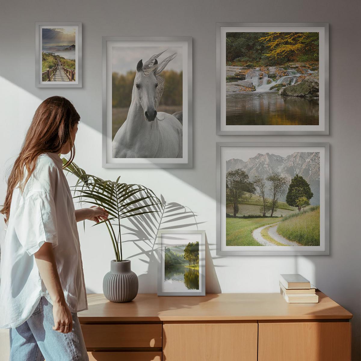 BILDER SET 5er Set - 50x50 cm & 20x30 cm & 40x60 cm Silberner Rahmen - Natur des Flusses White Horses - Silberfarben, Kunststoff (40/60cm) - TULUP