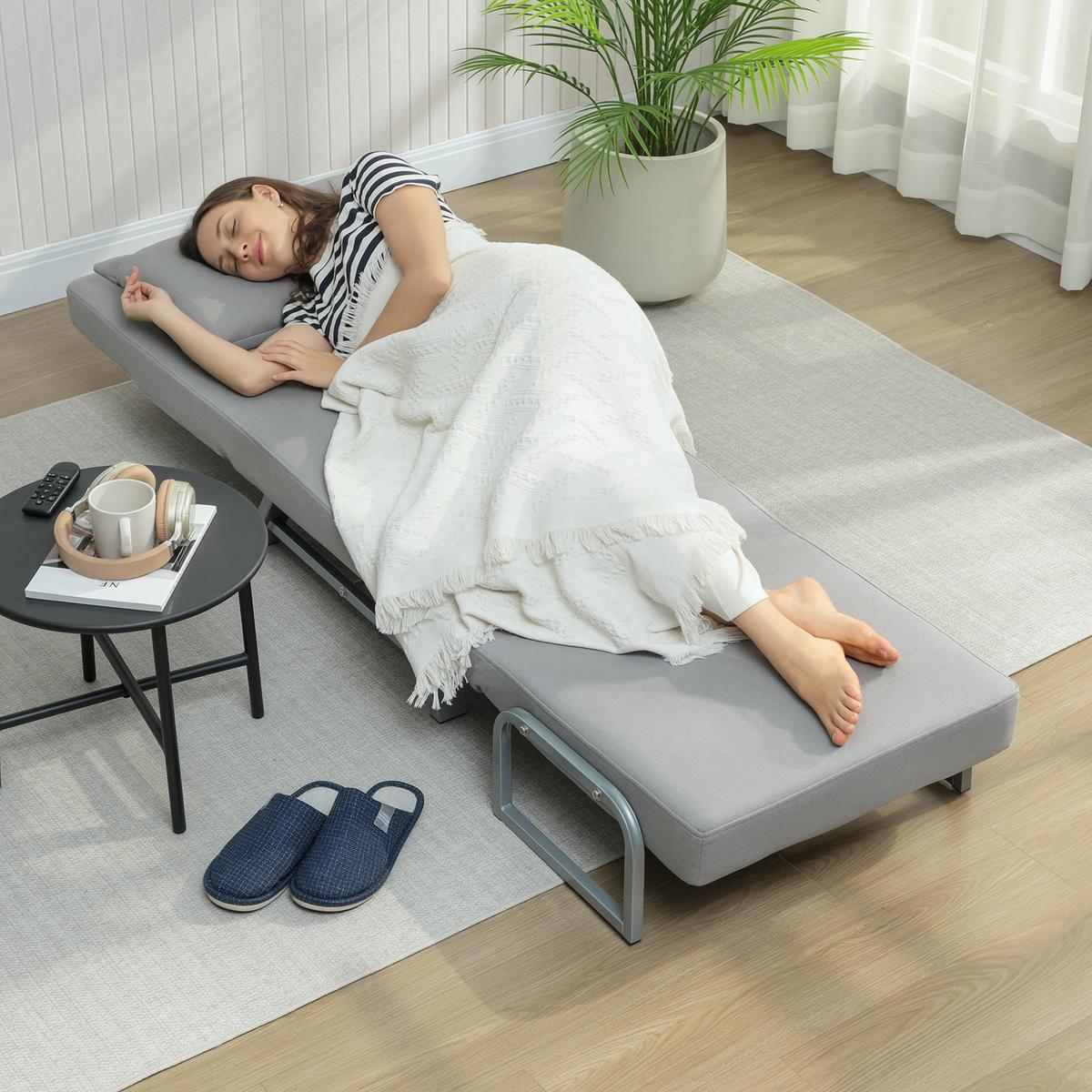 SCHLAFSESSEL 3-in-1 Sessel Bett-Funktion und Zierkissen, Hellgrau - Hellgrau/Grau, Textil/Metall (73/81/78cm) - HOMCOM