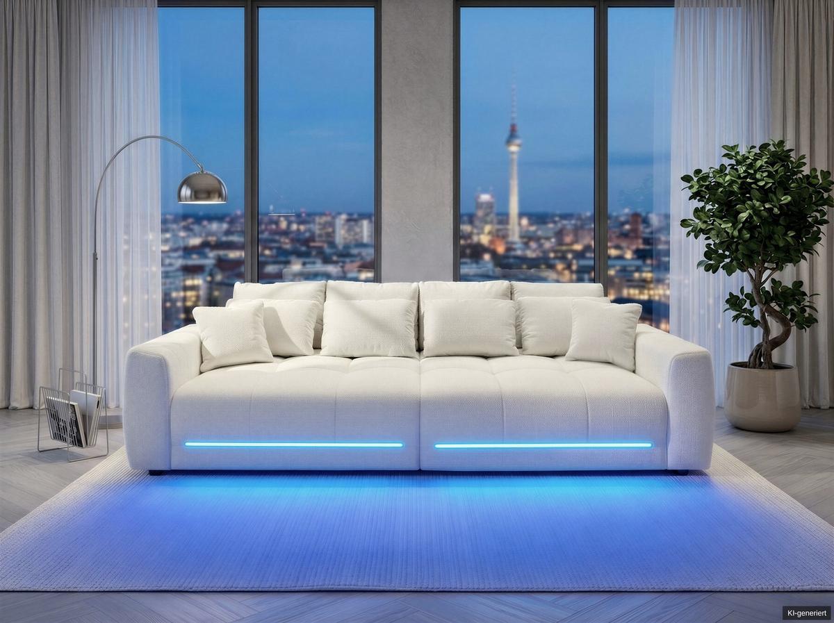 BIG-SOFA Federkern B294/T136/H86 cm, RGB-LED-Beleuchtung mit Fernbedienung, Chenille-Bezug in Beige / 15418 - Beige/Schwarz, Kunststoff/Textil (294/86/136cm) - luma-home