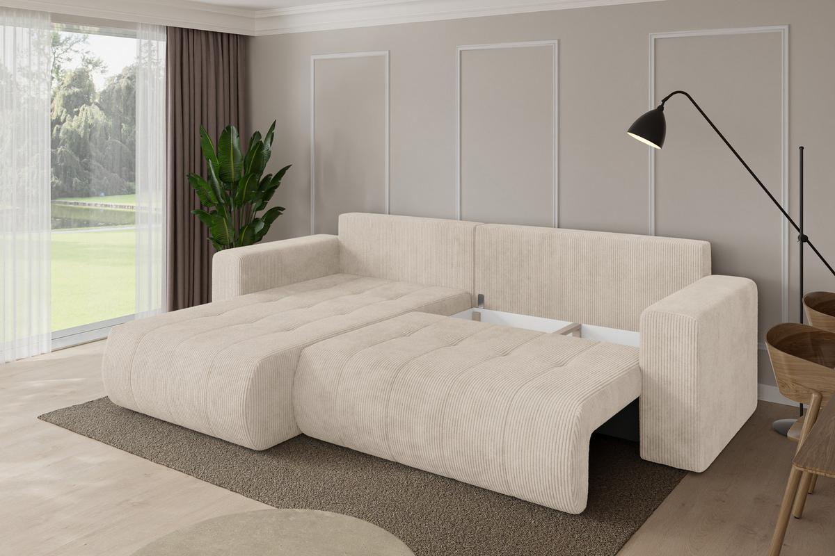 ECKSOFA mit Schlaffunktion Ottomane Links MILA-L 277x194x86 Beige Cord - Beige/Schwarz, Holzwerkstoff/Kunststoff (277/194cm) - ALTDECOR
