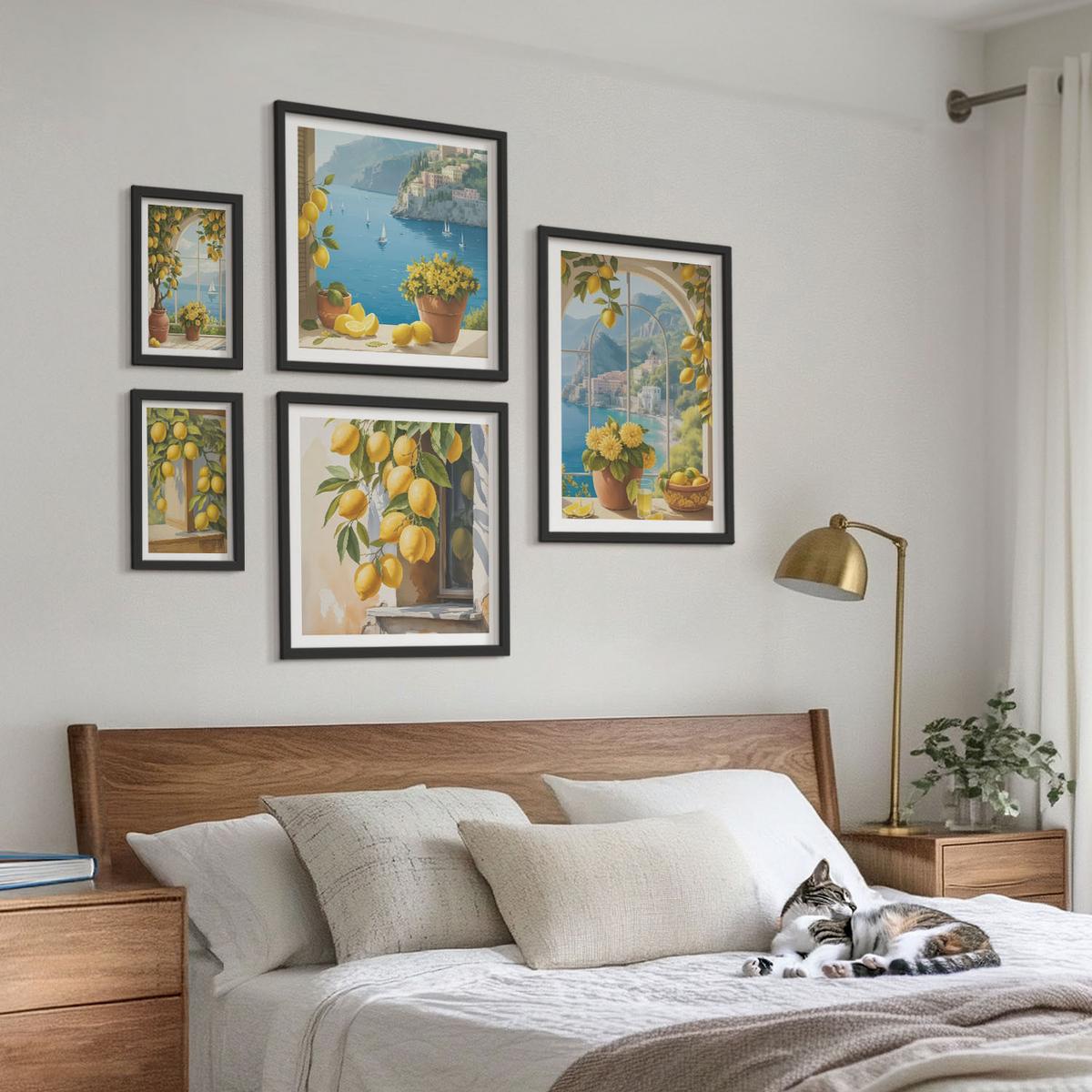 BILDER SET 5er Set - 50x50 cm & 20x30 cm & 40x60 cm Schwarzer Rahmen - Meerblick, italienische Zitronen - Schwarz, Kunststoff (40/60cm) - TULUP