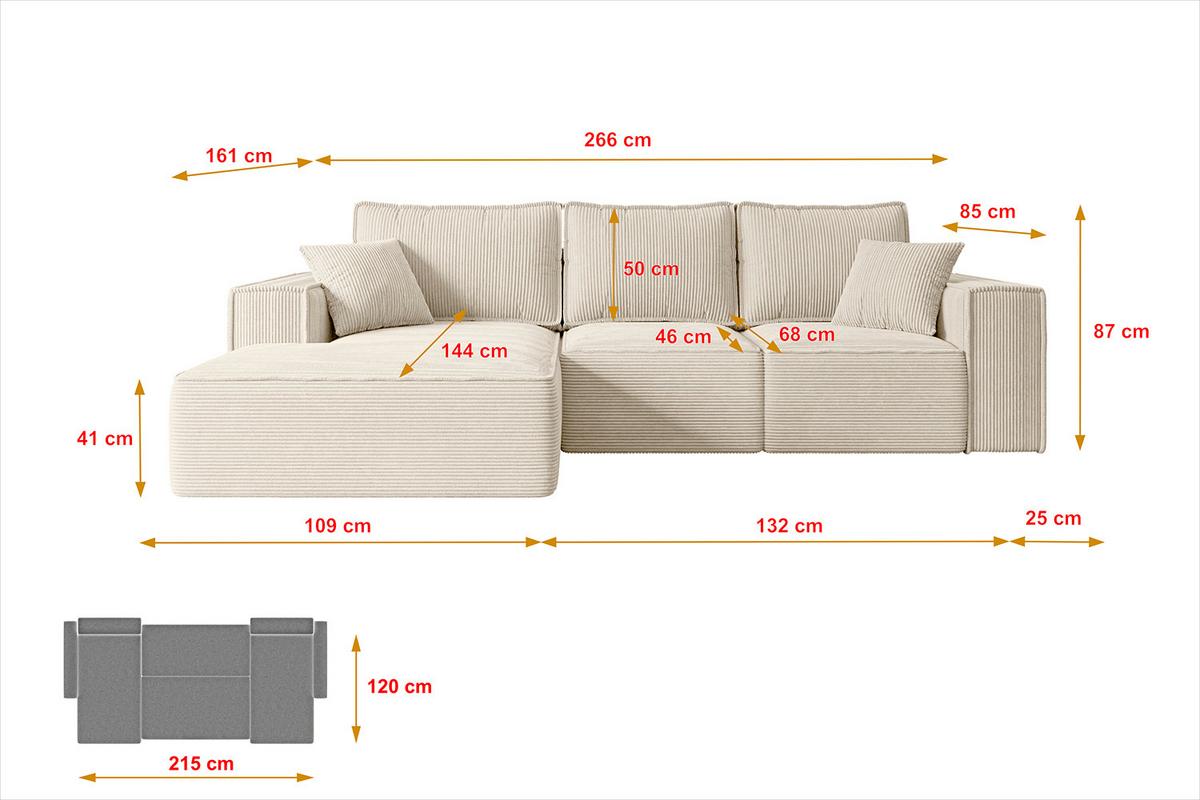 ECKSOFA mit Schlaffunktion und Bettkasten SERRA-L-S - 266x161x87 cm Beige Cord - Beige/Schwarz, Holzwerkstoff/Kunststoff (266/161cm) - ALTDECOR