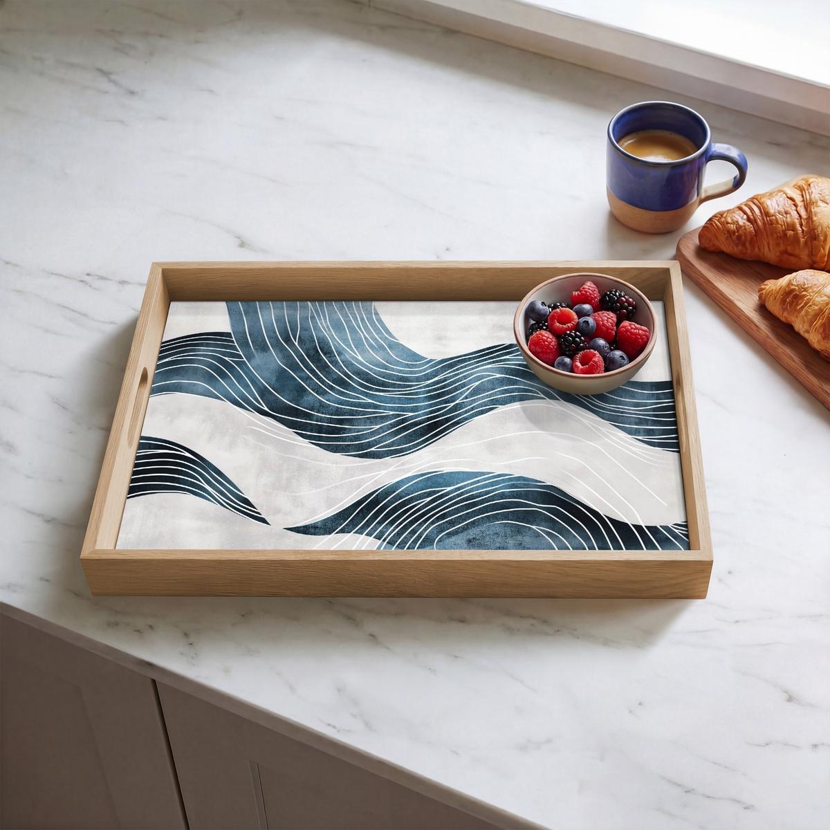TABLETT Linien - Wellen - Abstrakt - Grau 50x35 cm - Blau, Holz (50/5/5cm) - OnlyWow