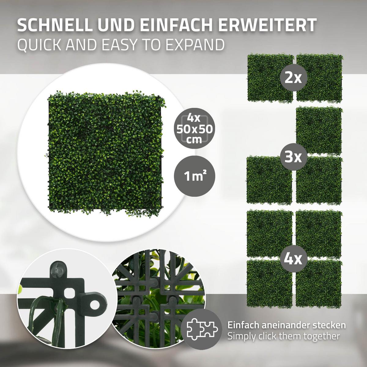 KÜNSTLICHE PFLANZENWAND 4er Set 50x50 cm Kunstpflanzen Wand Innen Aussen Grün Classic Buxus - Dunkelgrün, Kunststoff (50/50/5cm) - ECD-Germany