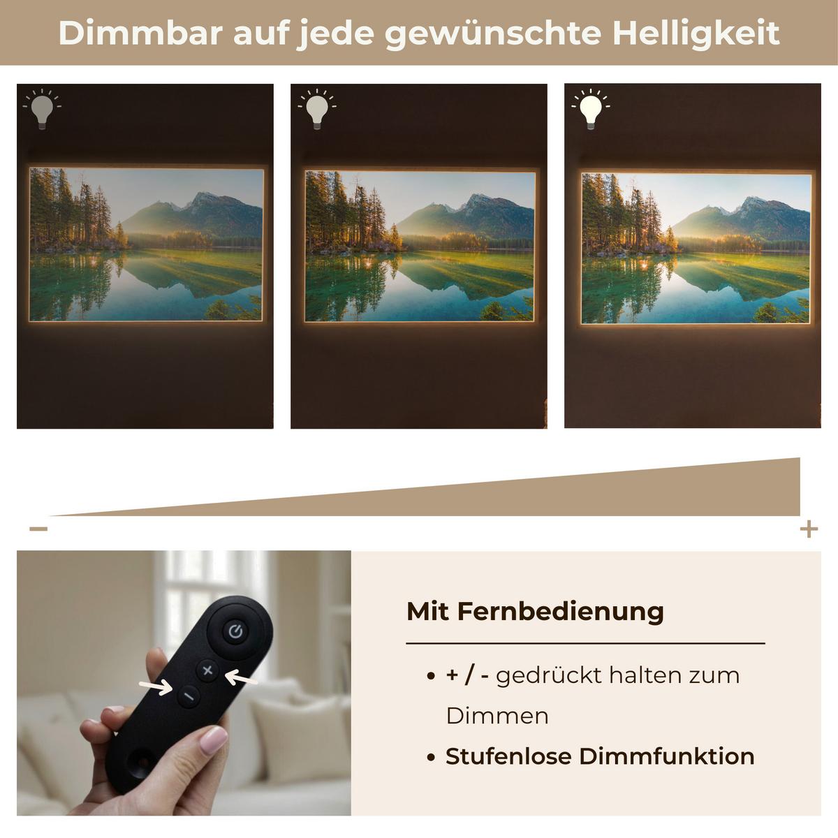 WANDLEUCHTE MIT AKKU See - Wald - Berge - Natur - Sonne - Landschaft 100x70 cm - Grün, Holzwerkstoff (100/70/8cm) - OnlyWow