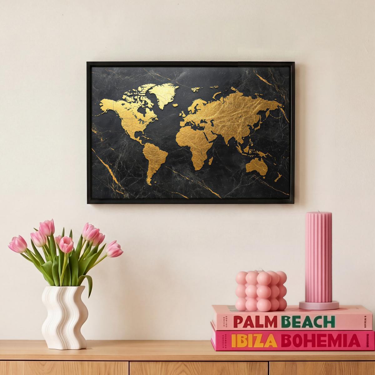 LEINWAND Bilder mit Rahmen - Weltkarte - Gold - Marmor - 30x20 - Goldfarben, Textil (30/20cm) - MuchoWow