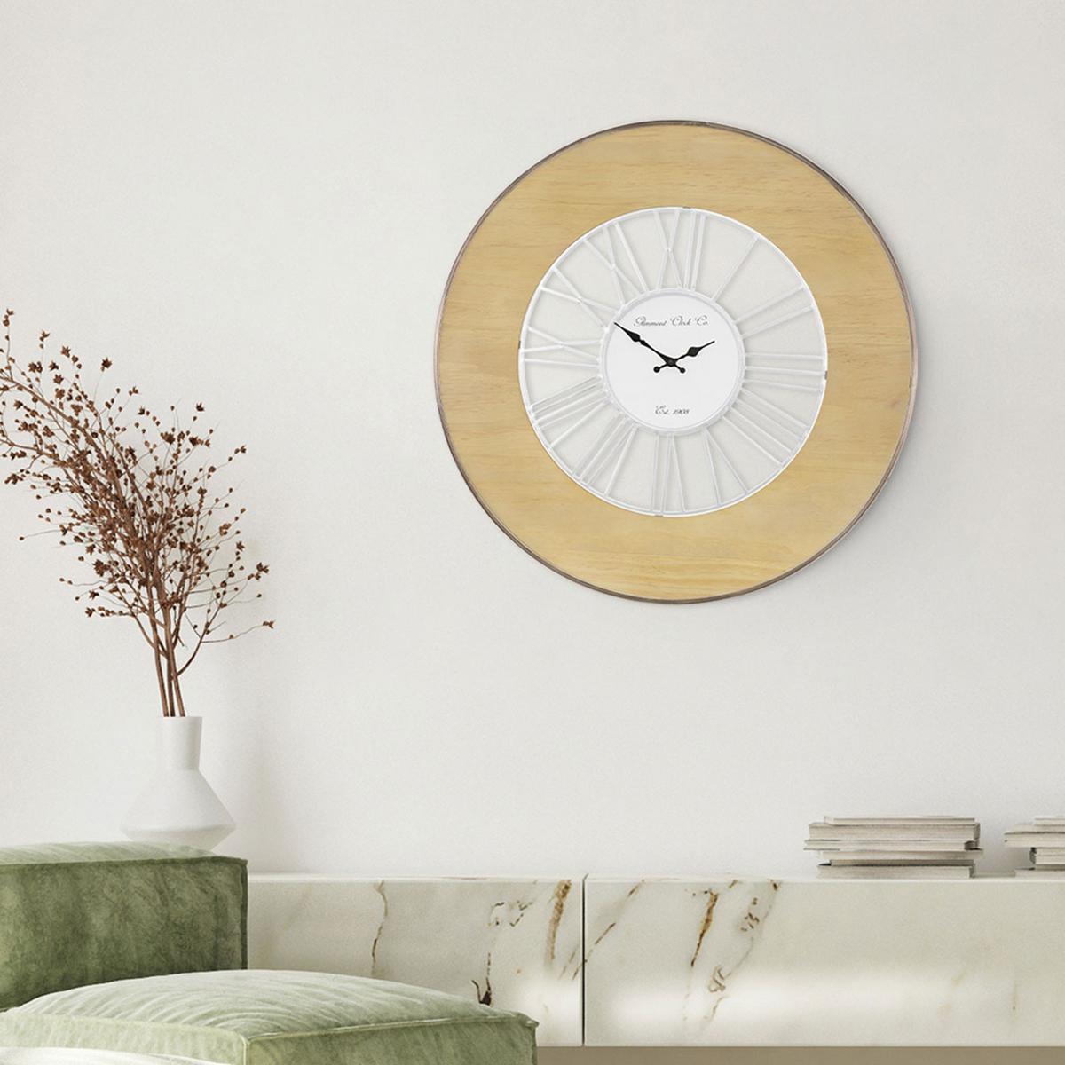 WANDUHR Alfheim groß Ø85 cm rund Weiß-Natur aus Holz-Metall - Bronzefarben, Holz (5/85/85cm) - WOMO-DESIGN