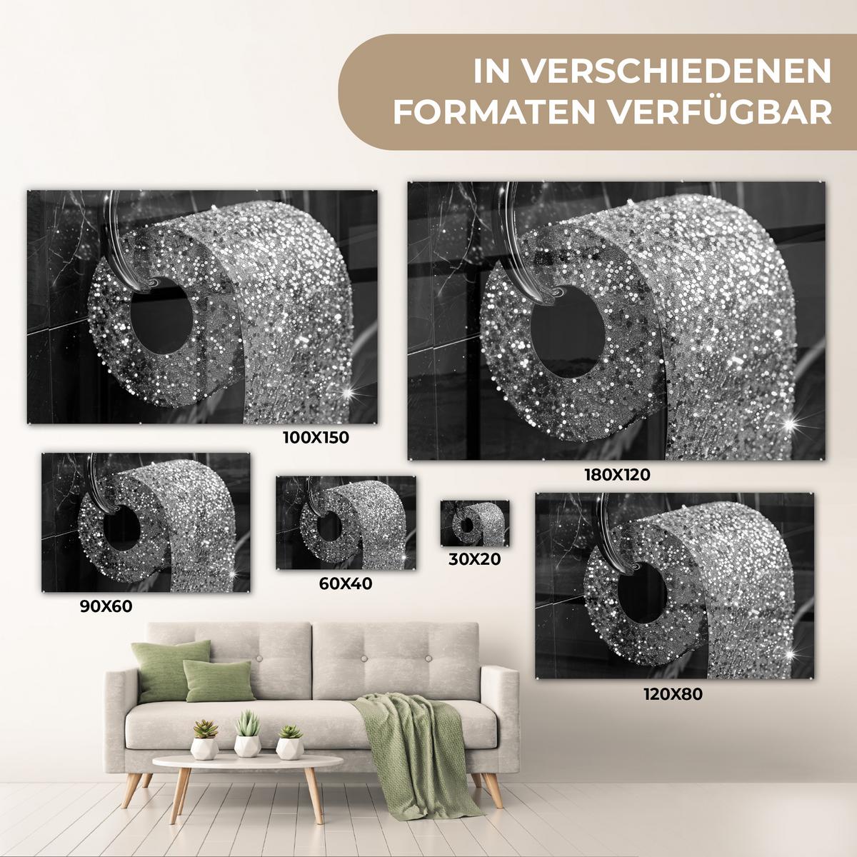 ACRYLGLASBILD WC - Toilettenpapier - Schwarz und weiß - Glitter Wanddeko 60x40 cm - Silberfarben, Glas (60/40cm) - MuchoWow