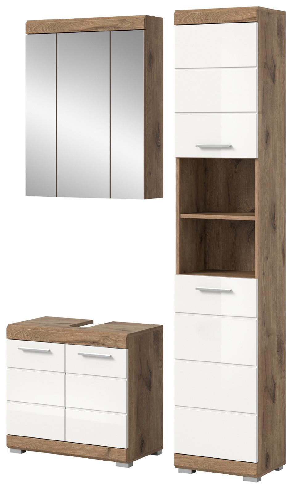 BADMÖBEL-SET weiß Hochglanz, Eiche 3-teilig 112 cm mit viel Stauraum - Weiß Hochglanz/Eichefarben, Glas/Holzwerkstoff (112/191/34cm) - Inn.Furn