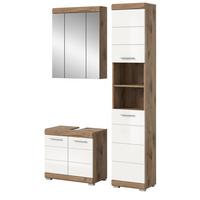 BADMÖBEL-SET weiß Hochglanz, Eiche 3-teilig 112 cm mit viel Stauraum - Weiß Hochglanz/Eichefarben, Glas/Holzwerkstoff (112/191/34cm) - Inn.Furn