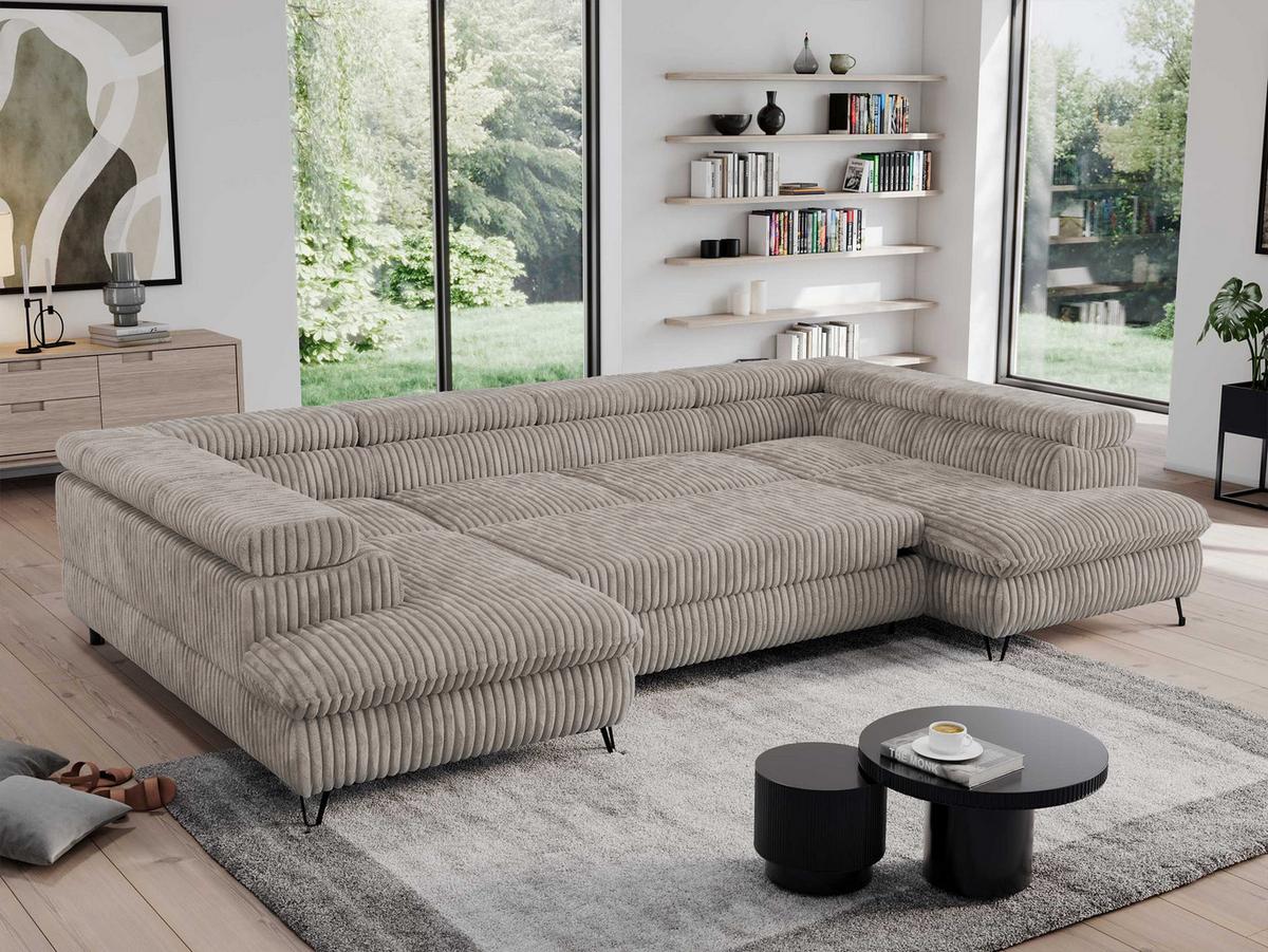 WOHNLANDSCHAFT PEDRO U Cord Hellbraun - Hellbraun/Schwarz, Textil/Metall (346/76/208cm) - MKS