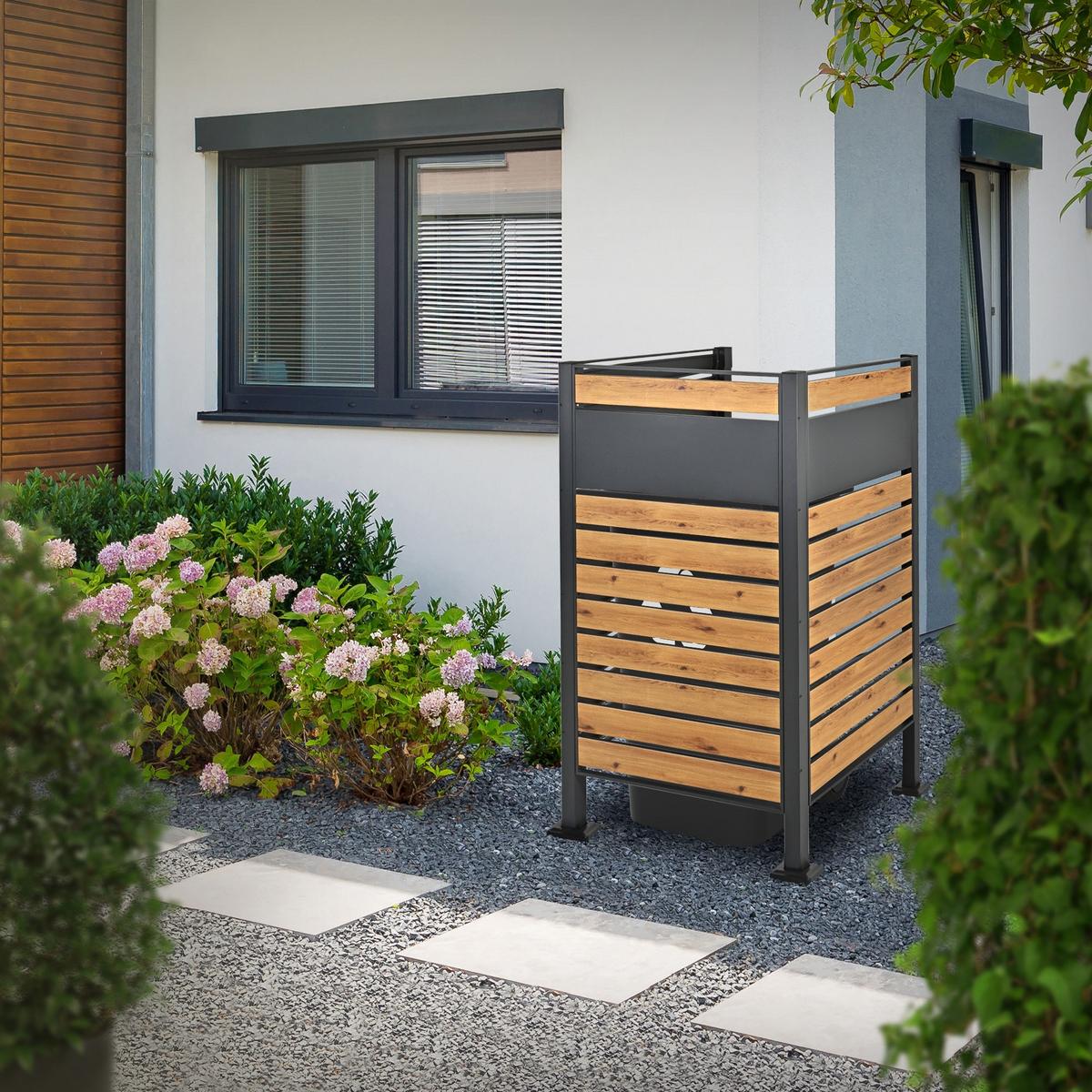 MÜLLTONNENZAUN 1er Anthrazit-Holzoptik - Anthrazit/Braun, Metall (11/150/86cm) - ML-DESIGN