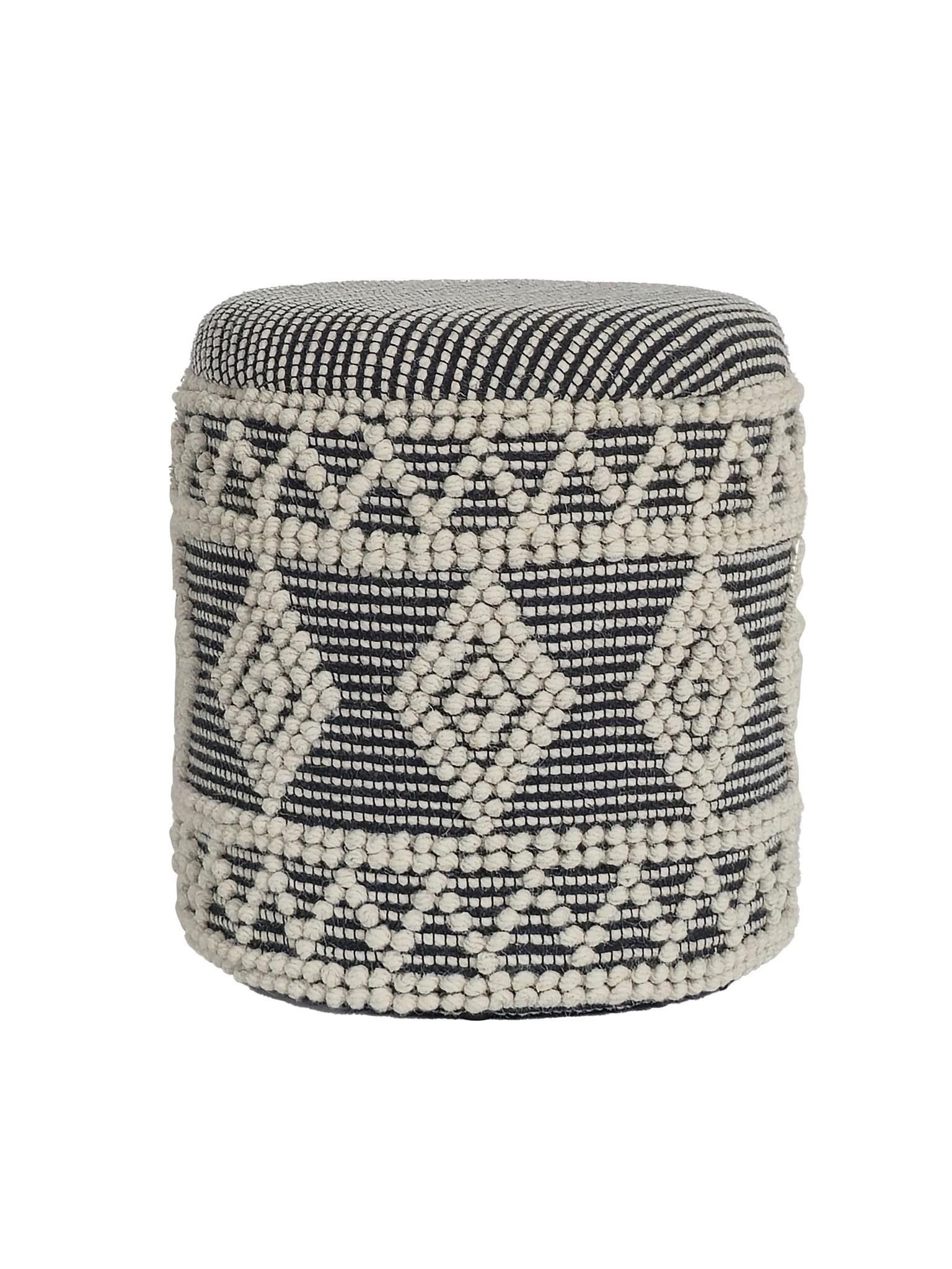 SITZHOCKER RHONE, Stoff, mit Textilbezug, mit Rautenstruktur, Creme-Schwarz, Ø 40 x 45 cm - Beige/Grau, Textil (40/45/40cm) - KADIMA DESIGN