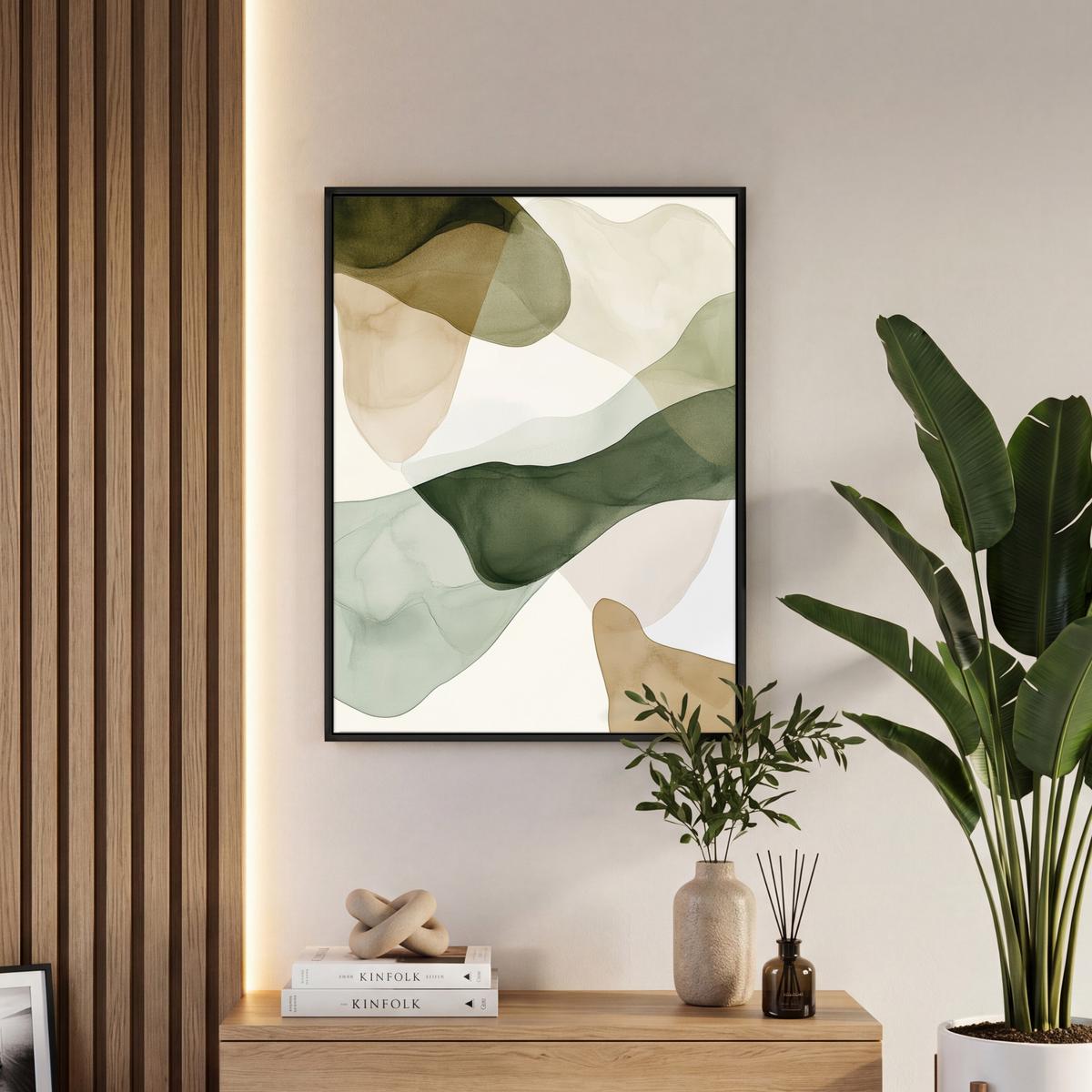 LEINWAND Bilder mit Rahmen - Japandi - Abstrakt - Grün - 50x70 - Salbeigrün, Textil (50/70cm) - MuchoWow
