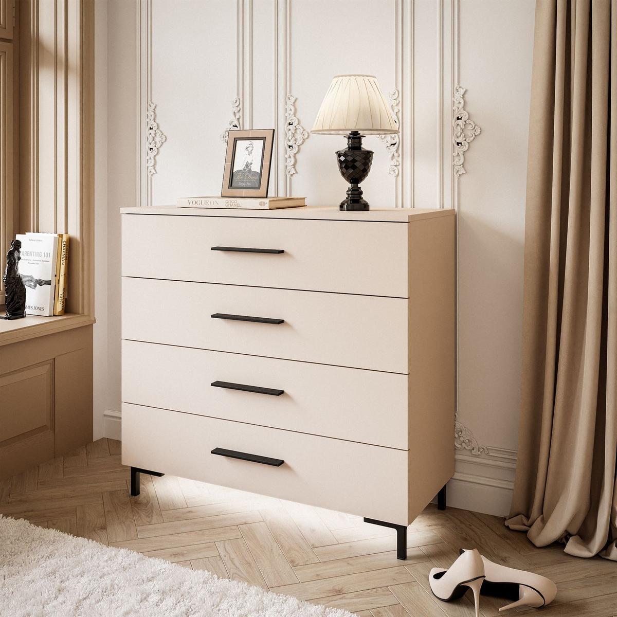 KOMMODE LINA KASCHMIR 4S mit Schubladen und LED-Beleuchtung Schwarze Beine und Griffe - Kaschmir/Schwarz, Holzwerkstoff (95/86/40cm) - Lookway